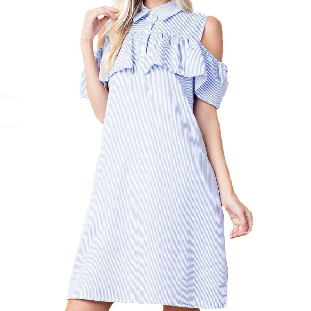 Women's Open Ruffle Top Pinstripe Shirt Dress